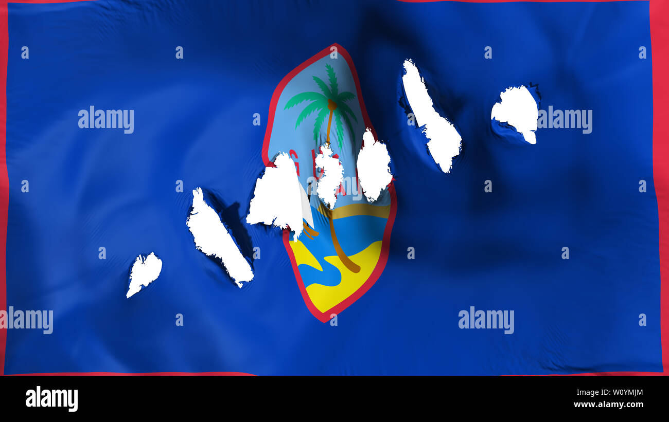 Guam bandiera di stato perforato, fori di proiettile, sfondo bianco, rendering 3D Foto Stock