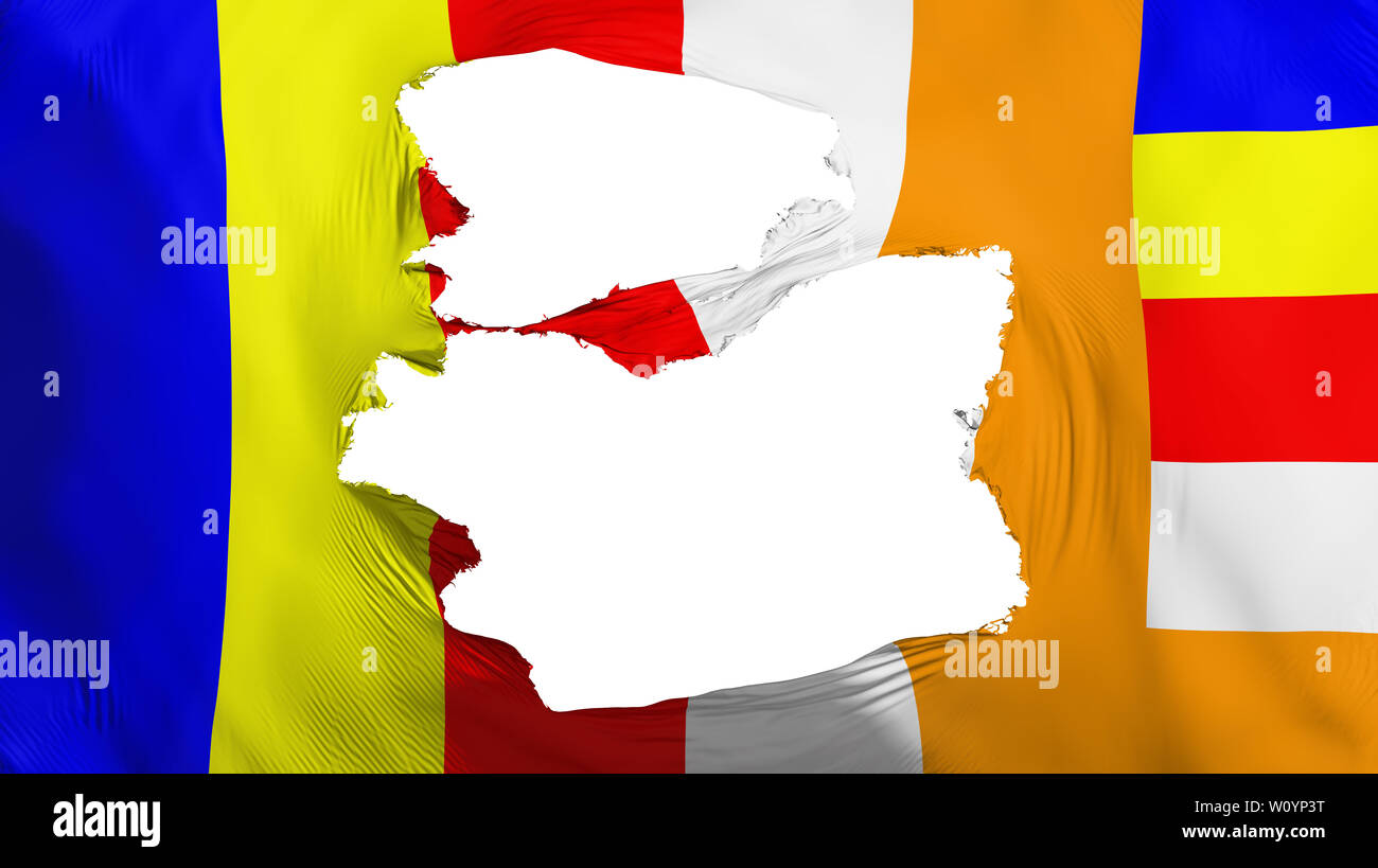 Vestito di stracci bandiera buddista, sfondo bianco, rendering 3D Foto Stock