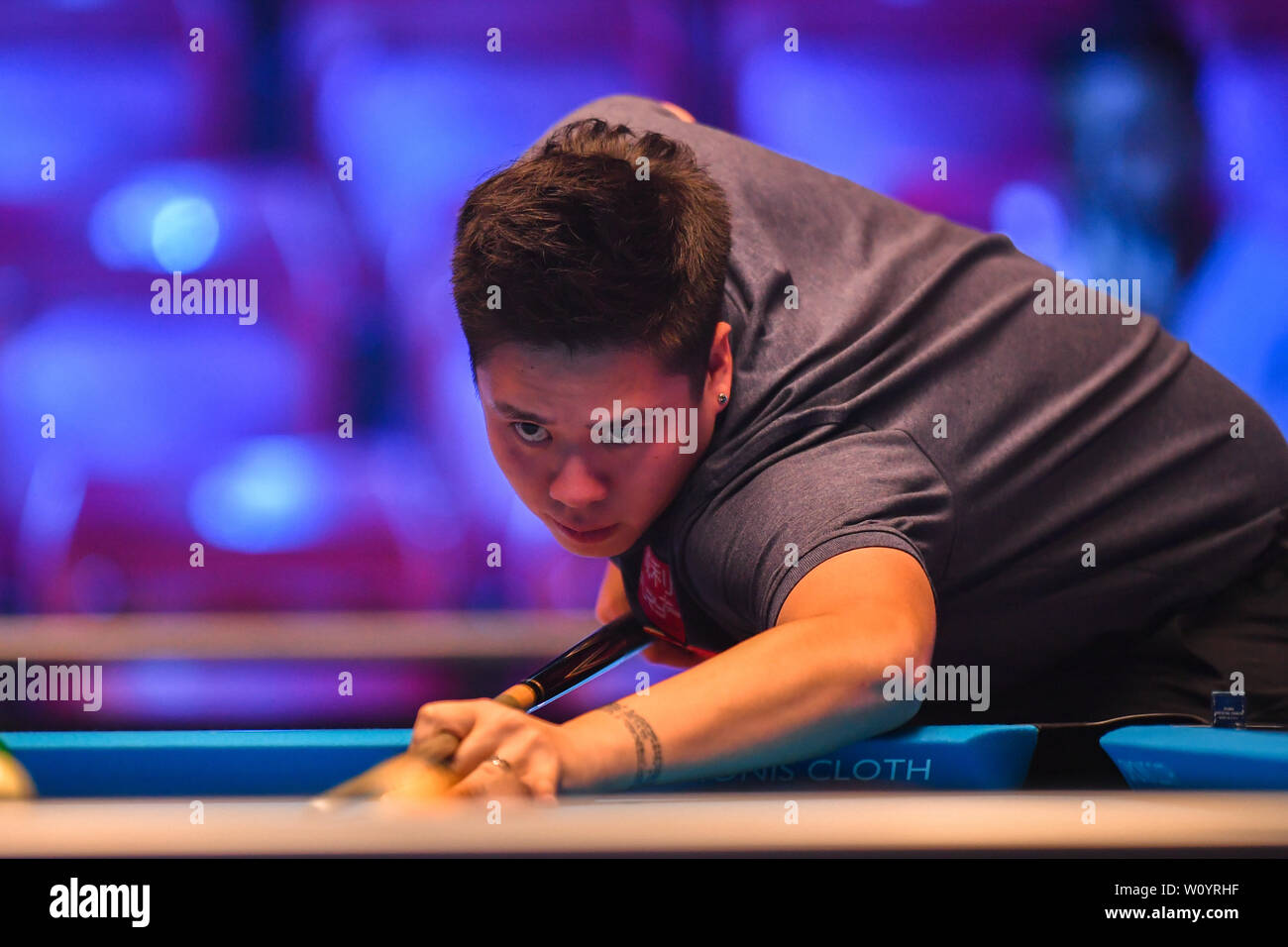 Leicester, Regno Unito. 28 GIU, 2019. Hong Kong - Lo Ho somma Betvictor durante la Coppa del Mondo di Pool: Hong Kong vs Austria a Morningside Arena il Venerdì, 28 giugno 2019 a Leicester Inghilterra. Credito: Taka G Wu/Alamy Live News Foto Stock