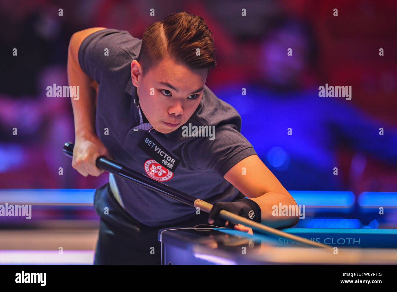 Leicester, Regno Unito. 28 GIU, 2019. Hong Kong - Yip Kin Ling Betvictor durante la Coppa del Mondo di Pool: Hong Kong vs Austria a Morningside Arena il Venerdì, 28 giugno 2019 a Leicester Inghilterra. Credito: Taka G Wu/Alamy Live News Foto Stock