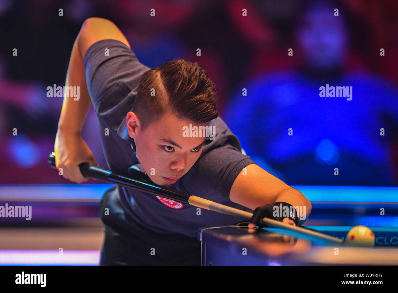 Leicester, Regno Unito. 28 GIU, 2019. Hong Kong - Yip Kin Ling Betvictor durante la Coppa del Mondo di Pool: Hong Kong vs Austria a Morningside Arena il Venerdì, 28 giugno 2019 a Leicester Inghilterra. Credito: Taka G Wu/Alamy Live News Foto Stock