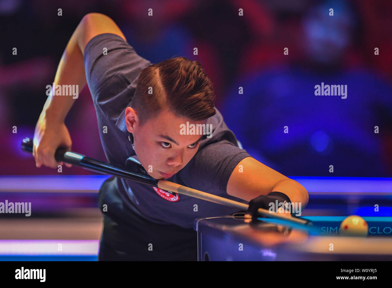 Leicester, Regno Unito. 28 GIU, 2019. Hong Kong - Yip Kin Ling Betvictor durante la Coppa del Mondo di Pool: Hong Kong vs Austria a Morningside Arena il Venerdì, 28 giugno 2019 a Leicester Inghilterra. Credito: Taka G Wu/Alamy Live News Foto Stock