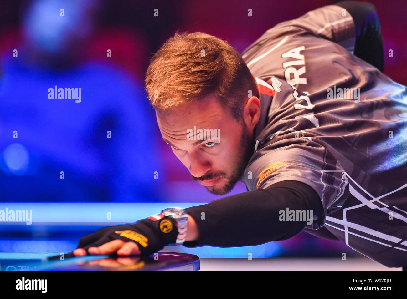 Leicester, Regno Unito. 28 GIU, 2019. Austria - Albin Ouschan Betvictor durante la Coppa del Mondo di Pool: Hong Kong vs Austria a Morningside Arena il Venerdì, 28 giugno 2019 a Leicester Inghilterra. Credito: Taka G Wu/Alamy Live News Foto Stock