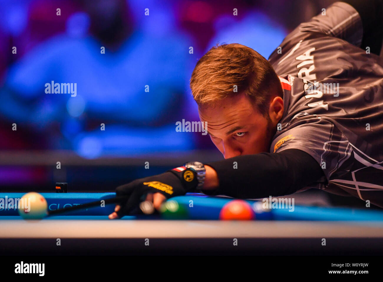 Leicester, Regno Unito. 28 GIU, 2019. Austria - Albin Ouschan Betvictor durante la Coppa del Mondo di Pool: Hong Kong vs Austria a Morningside Arena il Venerdì, 28 giugno 2019 a Leicester Inghilterra. Credito: Taka G Wu/Alamy Live News Foto Stock