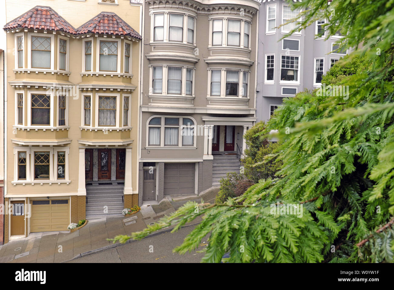 Case vittoriane su una strada ripida nel quartiere di Russian Hill di San Francisco, California, Stati Uniti. Foto Stock