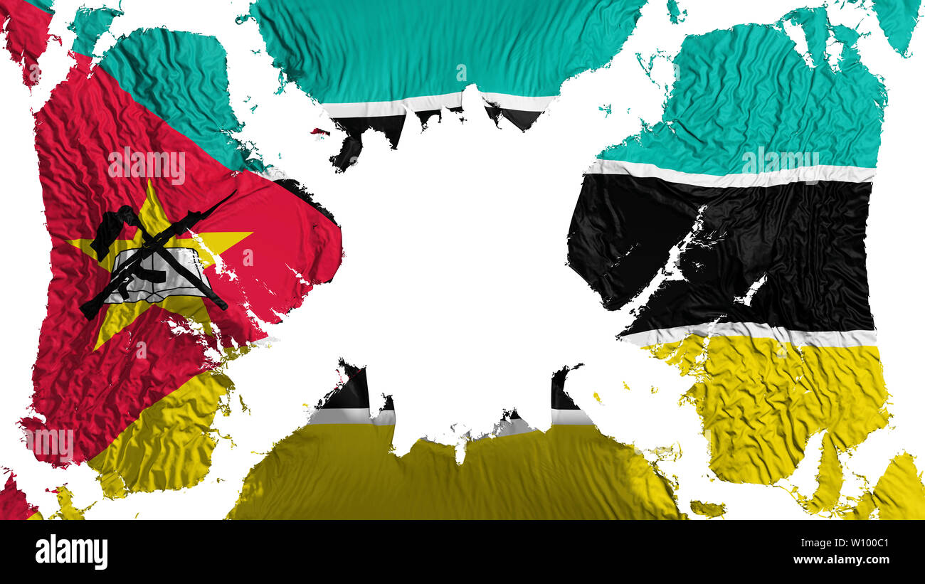 Mozambico bandiera strappata che fluttua nel vento, su sfondo bianco, rendering 3D Foto Stock