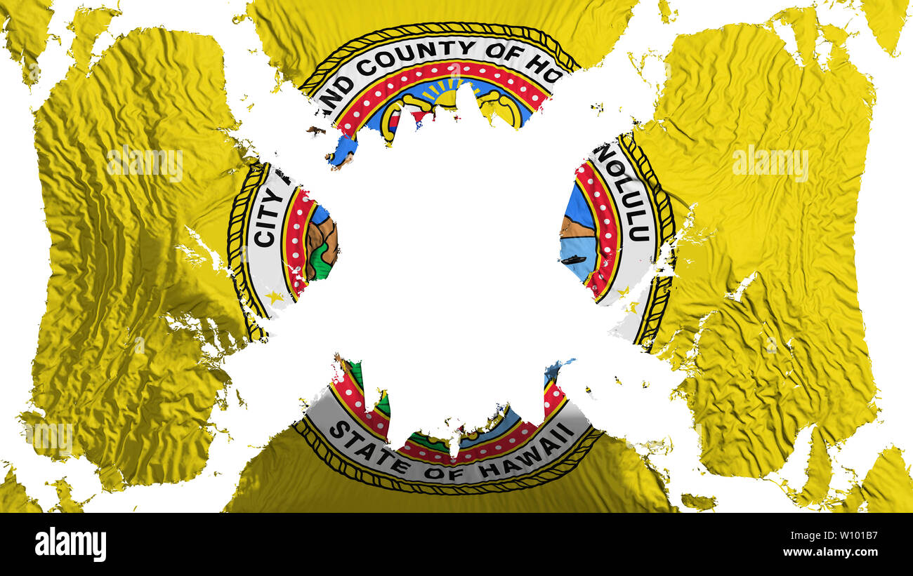 La città di Honolulu, capitale dello stato delle Hawaii bandiera strappata che fluttua nel vento, su sfondo bianco, rendering 3D Foto Stock