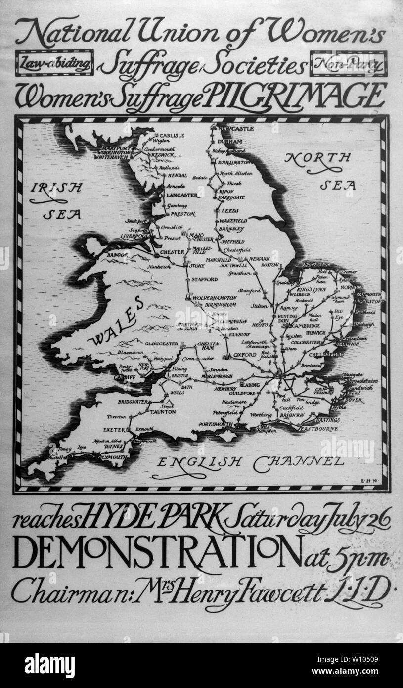 Una mappa indicante il percorso per il grande pellegrinaggio del 1913, a marzo in Gran Bretagna da suffragists campagna non-violenta per il suffragio femminile, organizzato dalla Unione Nazionale il suffragio femminile missionarie (NUWSS). Le donne hanno marciato a Londra da tutto in Inghilterra e Galles e 50.000 ha partecipato ad un rally in Hyde Park. Foto Stock