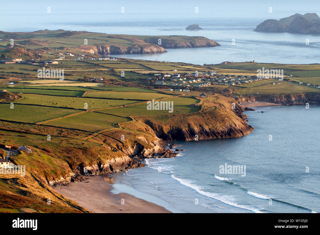Witesands Bay, serata primaverile. Pembrokeshire, Galles. Regno Unito al tramonto. Verso Porthselau bay e il sud della fine Ramsey Island. Foto Stock