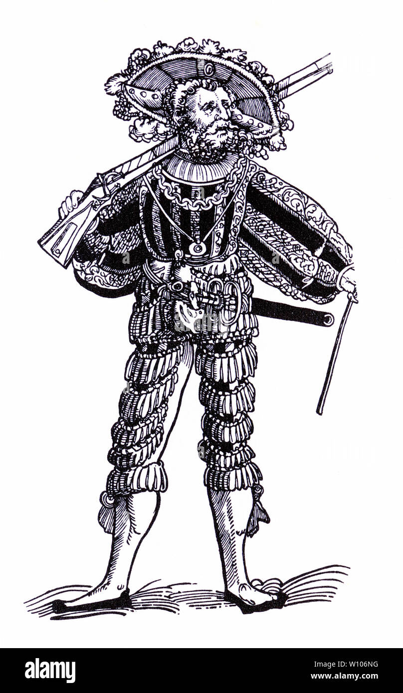 Incisione di un soldato tedesco o arquebusier portando la sua primavera-pilotato matchlock, del XVI secolo in Europa. Da un 1532 xilografia; Foto Stock