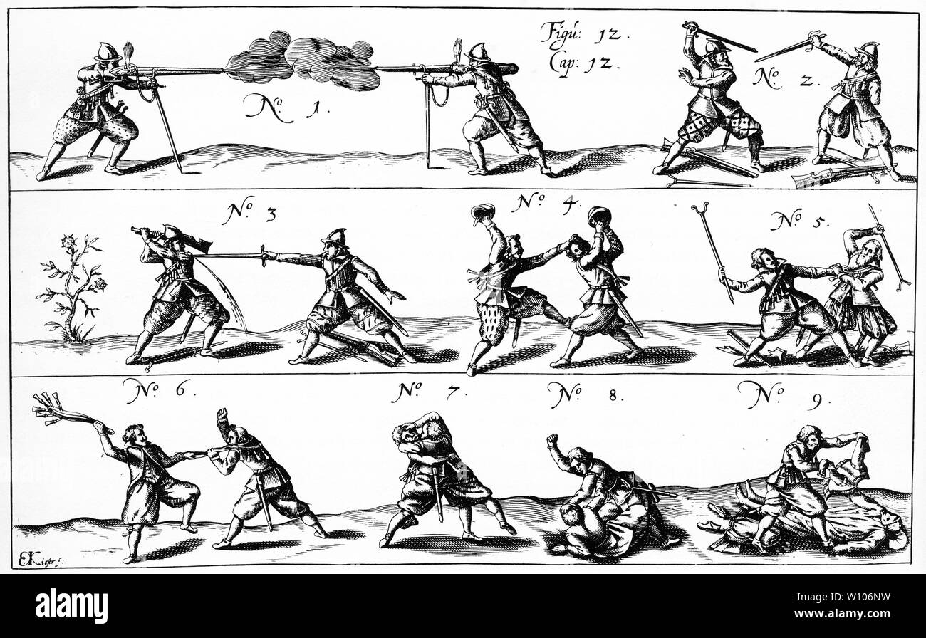 Incisione di soldati mediante varie armi sul battlefiend nel XVII secolo in Europa. Foto Stock