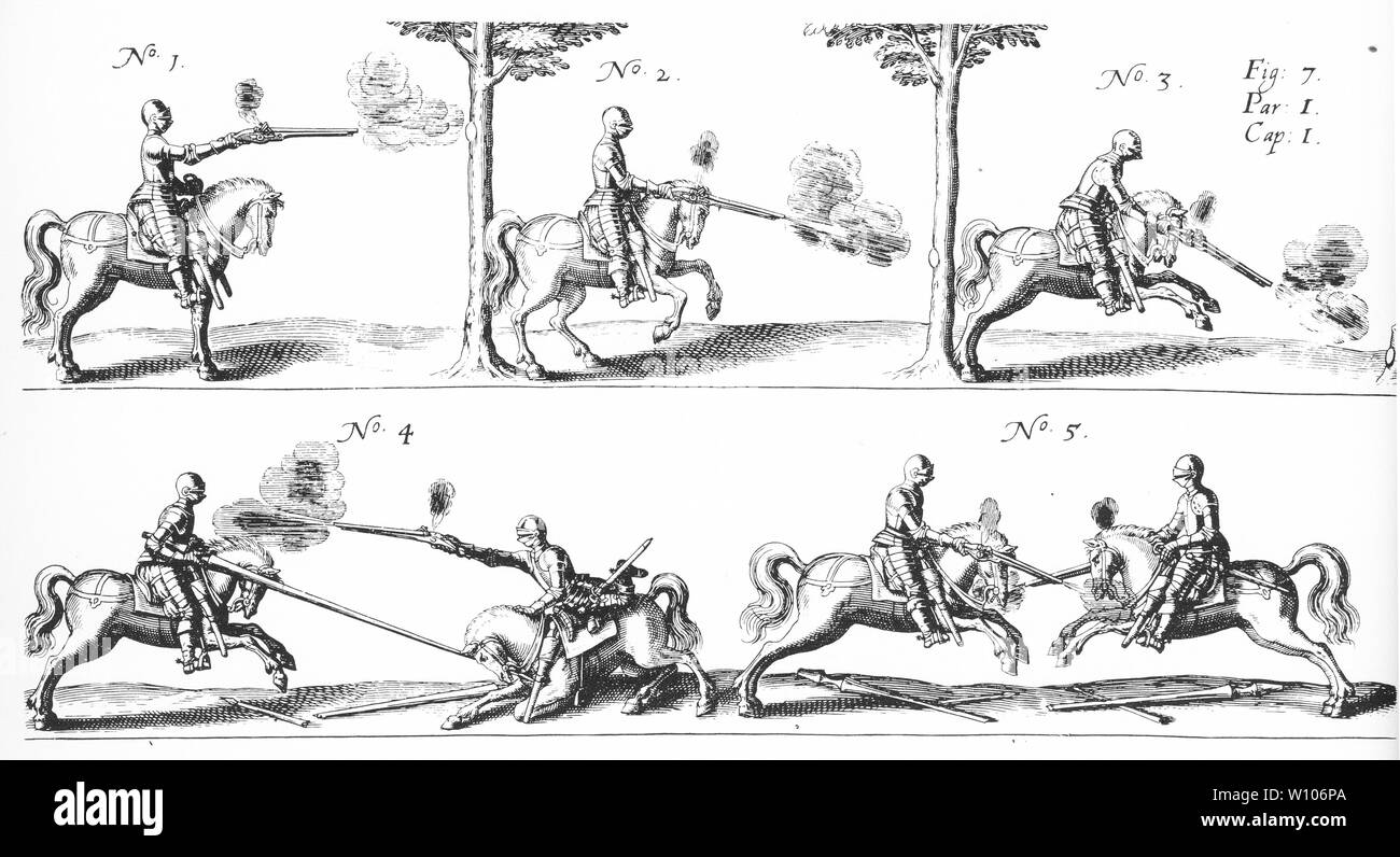 Incisione di tre-quarto armourer pistoleers e lancieri fighting it out nel XVI secolo in Europa. Foto Stock
