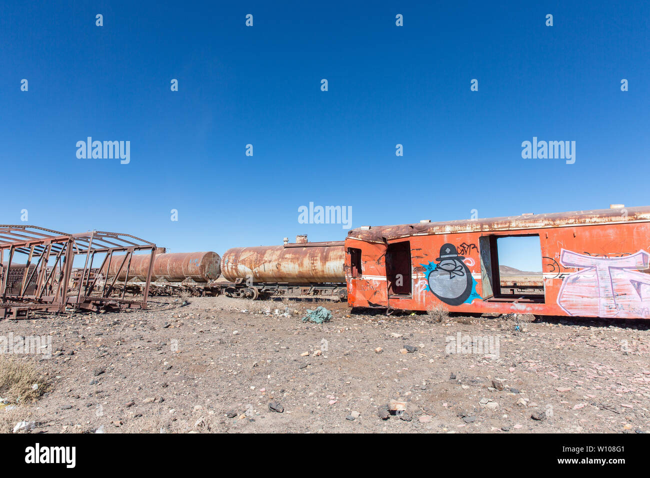 Cimitero di treno a Uyuni, Bolivia Foto Stock