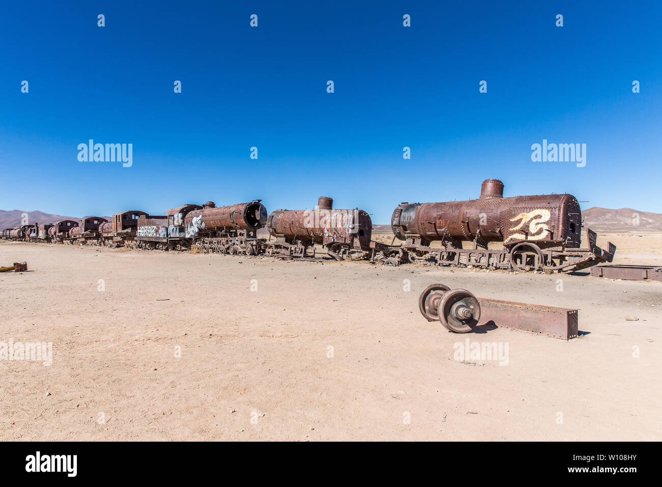 Cimitero di treno a Uyuni, Bolivia Foto Stock