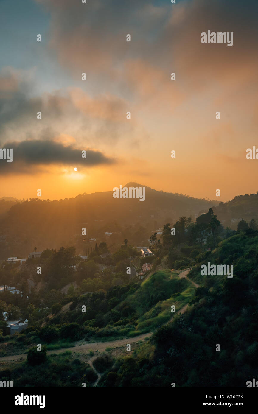 Tramonto su colline di Hollywood a Runyon Canyon Park, a Los Angeles, California Foto Stock
