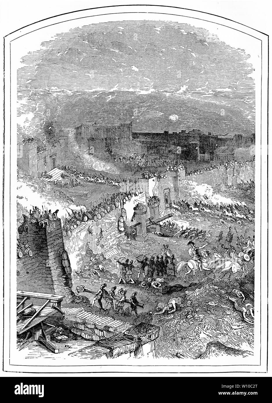 Incisione del re babilonese Nabucodonosor e le sue truppe la posa di assedio di Gerusalemme. Da una vecchia edizione di Josephus. Foto Stock