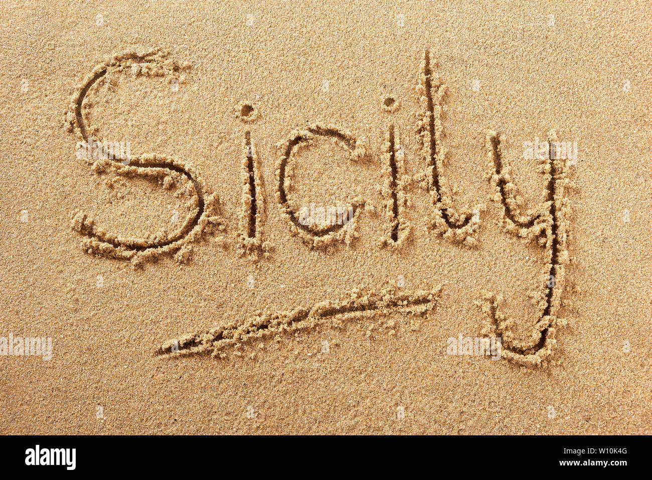 Sicilia scritto a mano beach parola concetto di viaggio Foto Stock