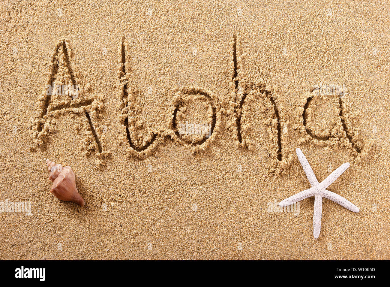 Aloha Hawaii scritto a mano beach parola concetto di saluto Foto Stock