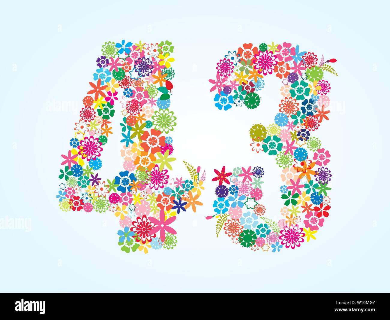 Vettore floreale colorato 43 Numero Design isolato su sfondo bianco. Numero floreali Quaranta tre carattere tipografico di vettore. Illustrazione Vettoriale