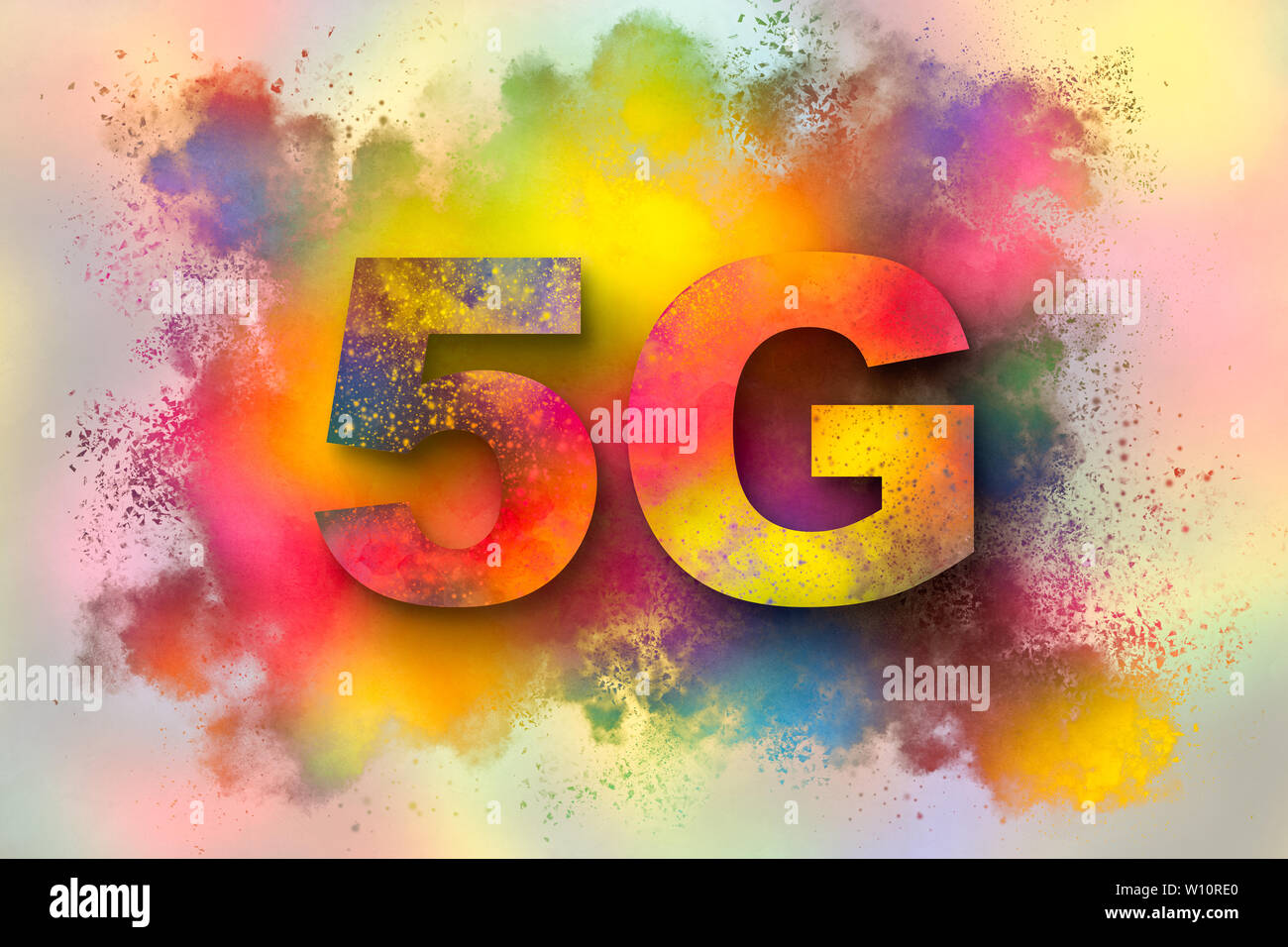 Concetto di 5G technology network, Internet mobile ad alta velocità, reti di nuova generazione. creative esplosione da polveri di sfondo . Foto Stock