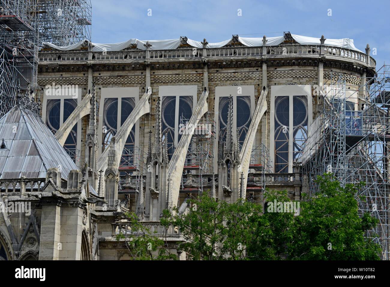 Coperture temporanee su Windows per proteggere l'edificio dalla pioggia come il ripristino continua a Notre Dame Catherdral, Parigi, 24 giugno 2019. Foto Stock