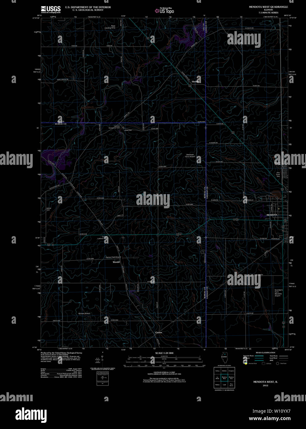 USGS TOPO Map Illinois il Mendota West 20120905 TM restauro invertito Foto Stock