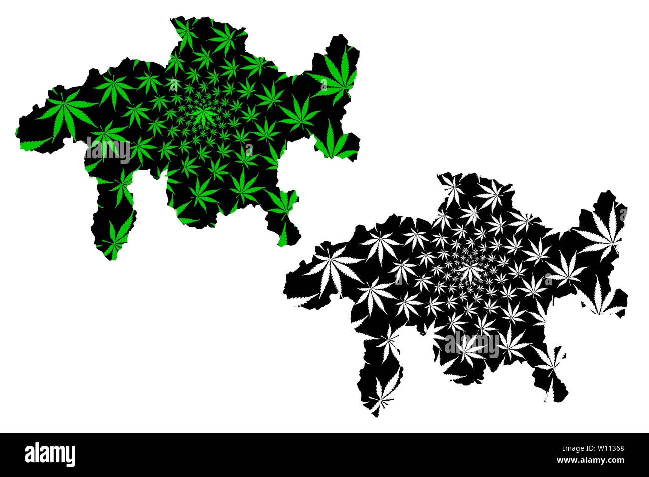 Grigioni (Cantoni della Svizzera, cantoni e Confederazione svizzera) mappa è progettato Cannabis leaf verde e nero del Cantone dei Grigioni mappa fatta di m Illustrazione Vettoriale