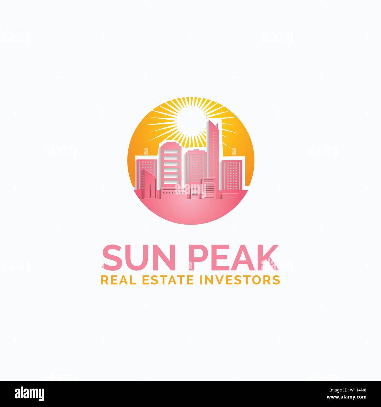 Sun su Cityscape grattacieli città Business Logo design template vettoriale. Immobiliare di costruzione di architettura logotipo concetto icona. Illustrazione Vettoriale