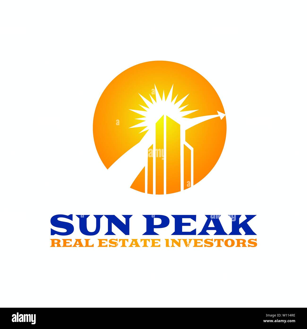 Sun su Cityscape grattacieli città Business Logo design template vettoriale. Immobiliare di costruzione di architettura logotipo concetto icona. Illustrazione Vettoriale