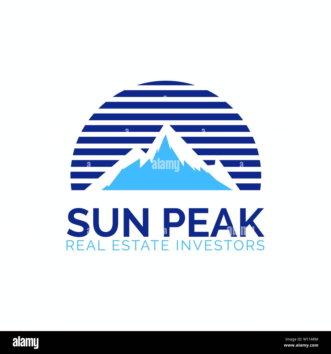 Alti picchi logo design modello. Vettore logotipo di montagna illustrazione con cerchio di sun. Illustrazione Vettoriale
