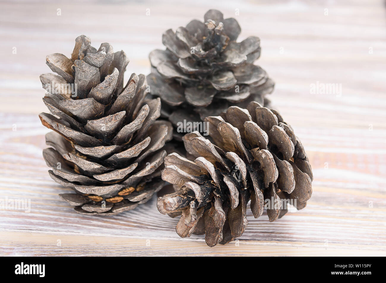 Coni Fir su uno sfondo di legno. Foto Stock
