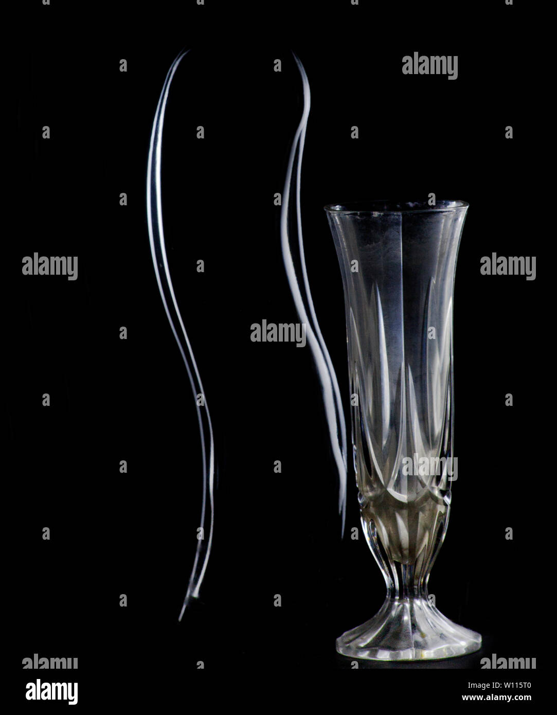 Silhouette della bottiglia di vetro e su sfondo nero. Still Life Foto Stock