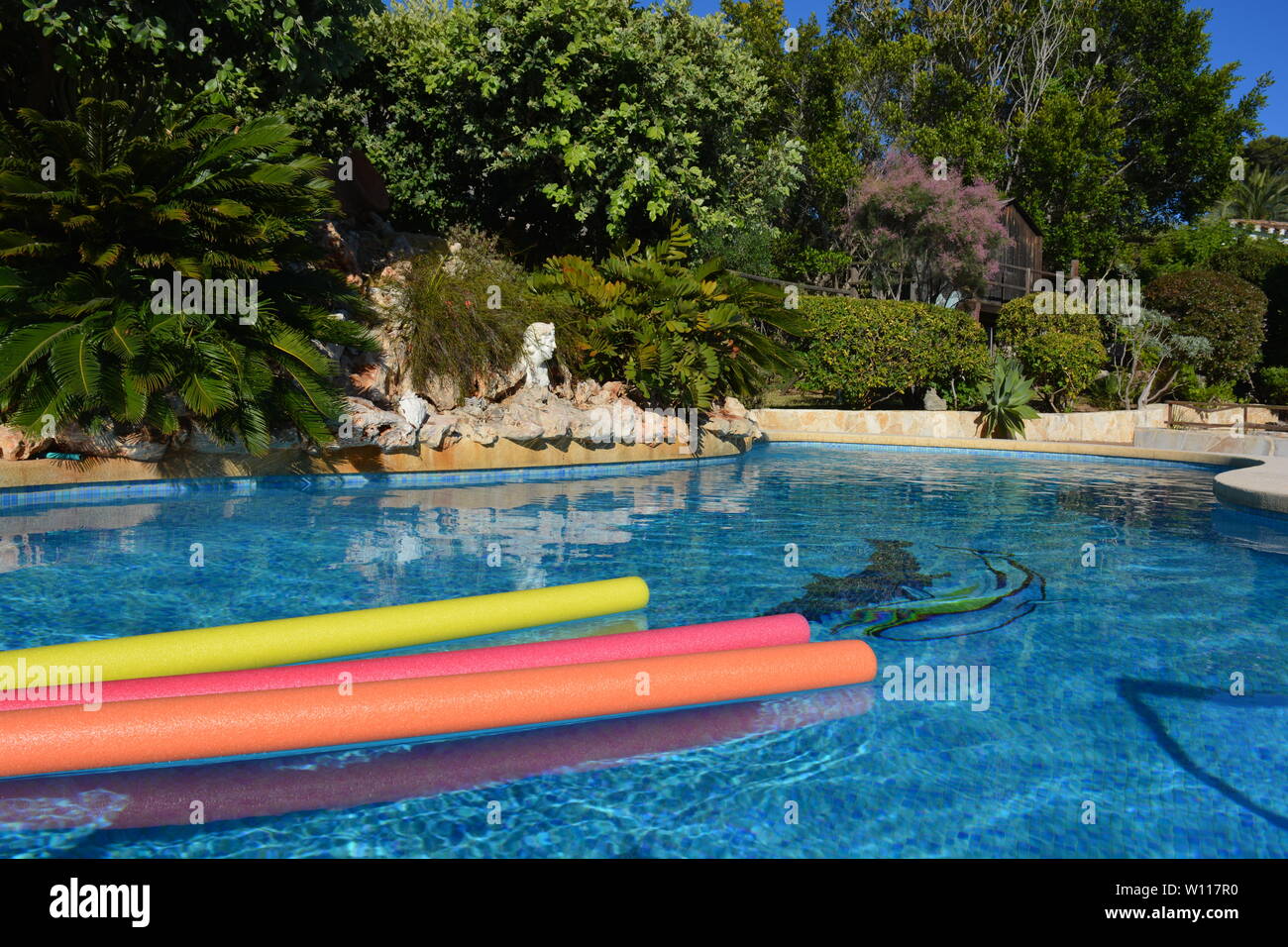 Piscina e rockery in un giardino mediterraneo in estate Foto Stock