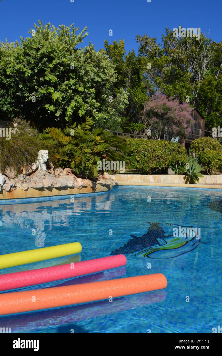 Piscina e rockery in un giardino mediterraneo in estate Foto Stock