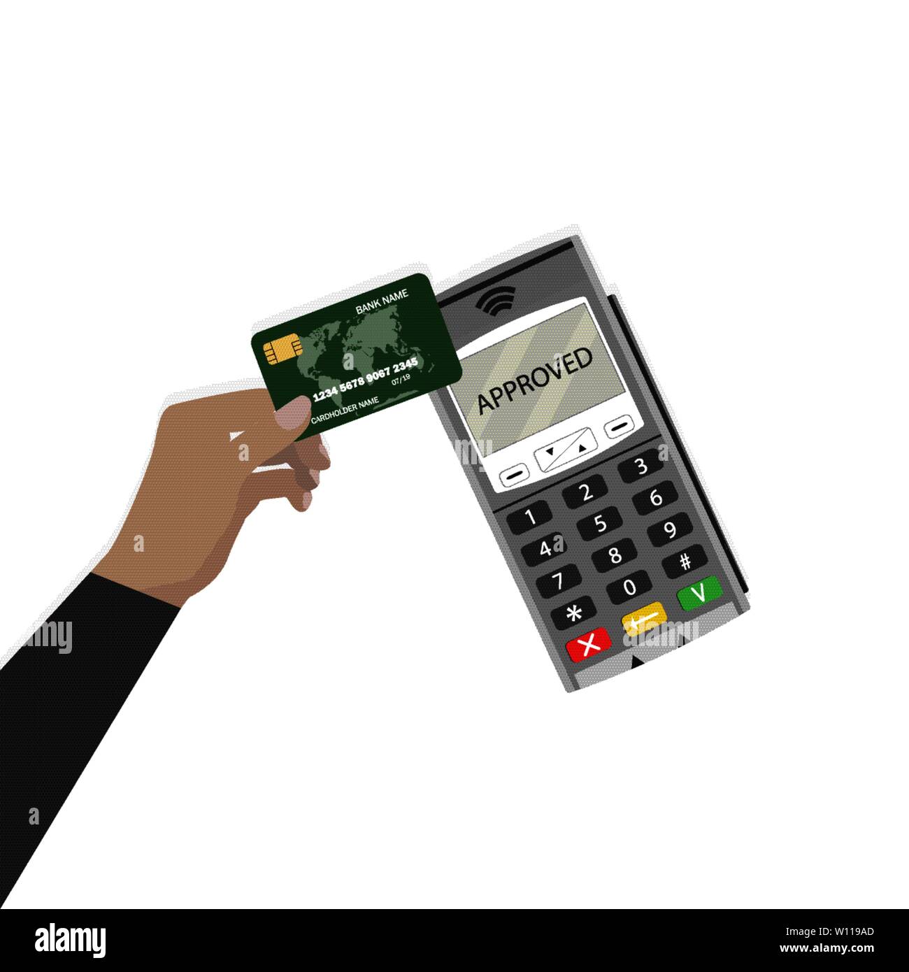 Pay pass utilizzare la scheda. Il pagamento senza contatto. Pass a pagamento Il pagamento, nfc banking, transazione senza contanti, illustrazione vettoriale Illustrazione Vettoriale