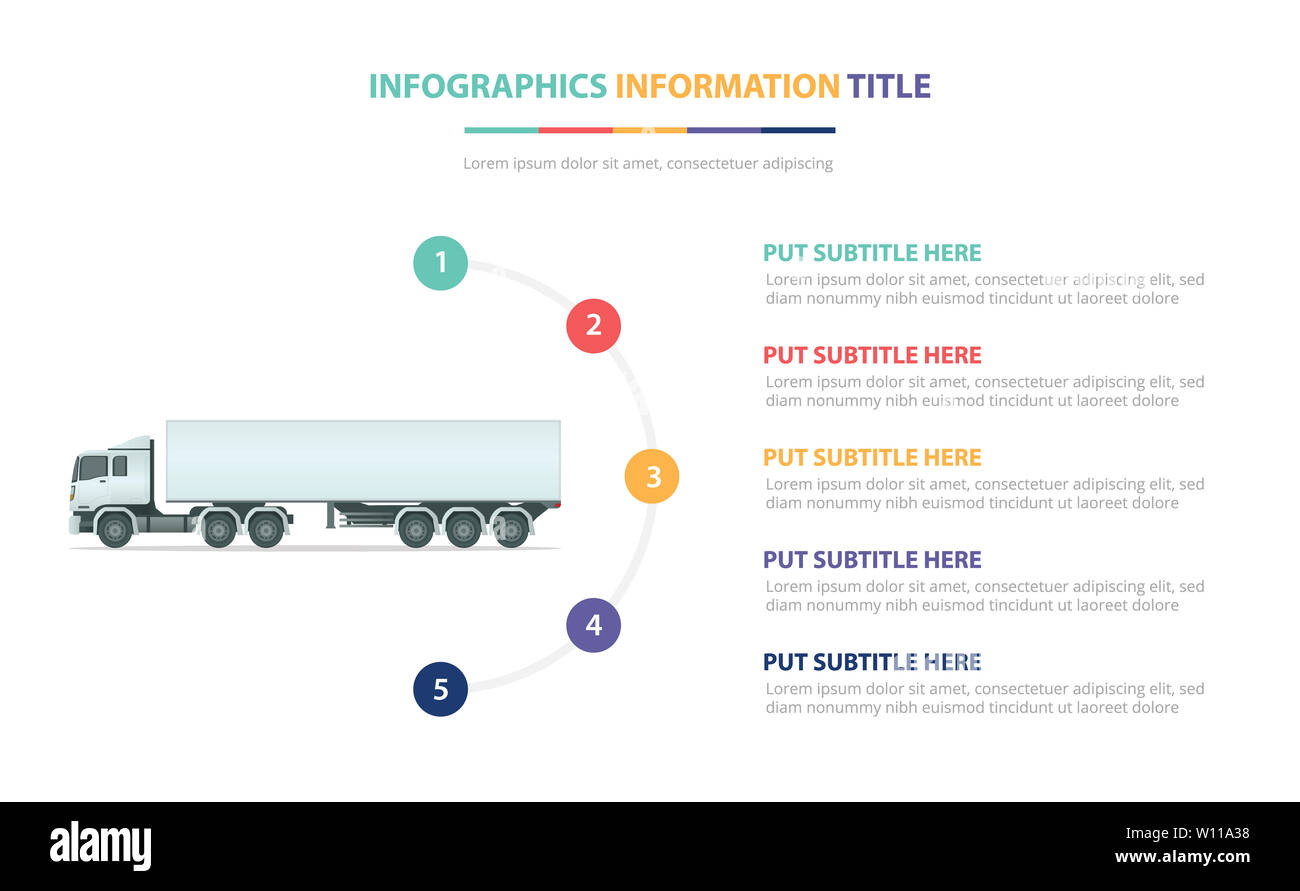 Autocarro pesante ed infografico concetto di modello con cinque punti elenco e di vari colori con pulito e moderno sfondo bianco - illustrazione vettoriale Foto Stock