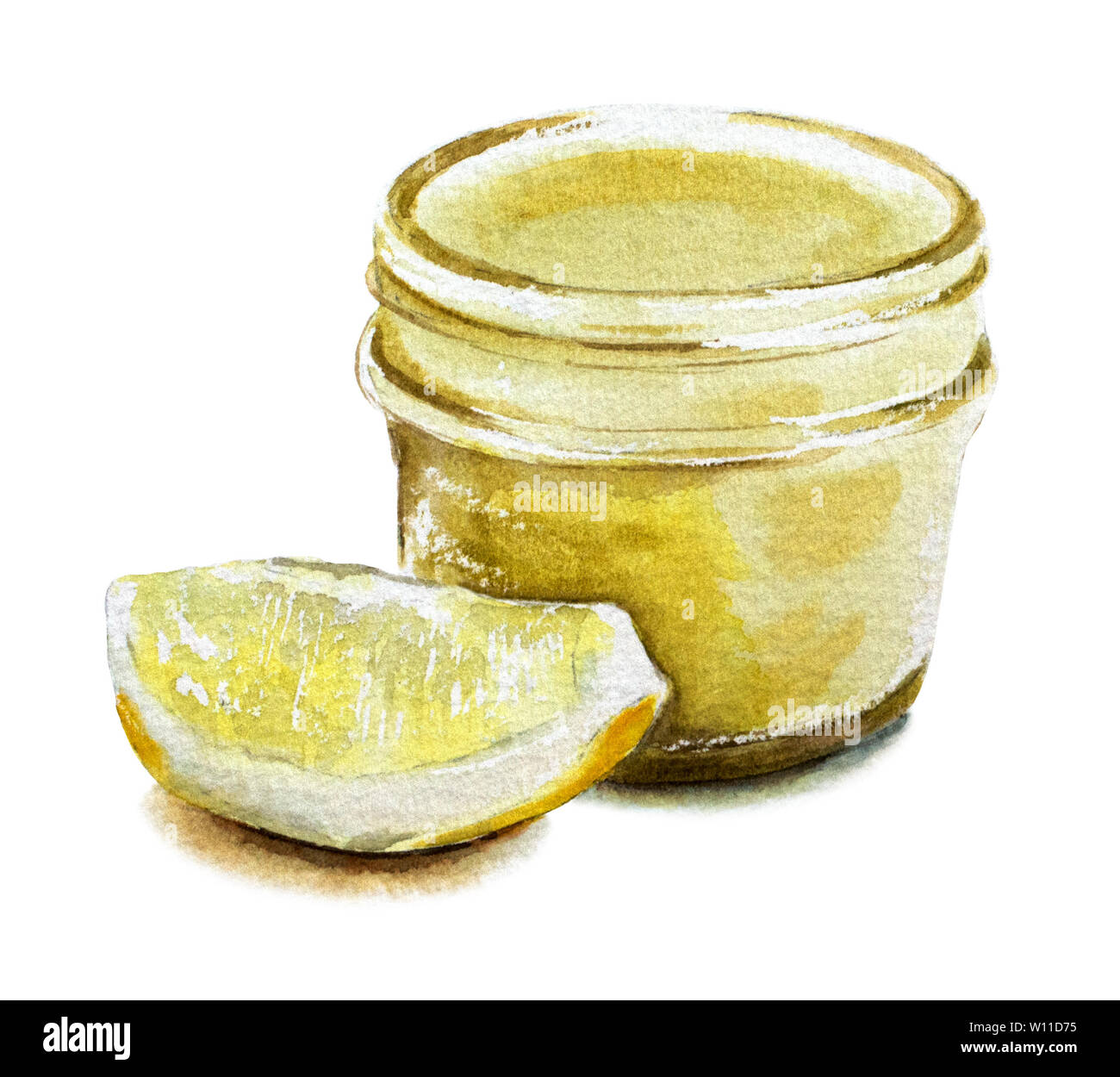 Una bottiglia di vetro dell' olio d' oliva è sul tavolo su uno sfondo bianco. Immagine isolata. In prossimità della bottiglia sono due olive. Formato verticale. Illustrazione pai Foto Stock