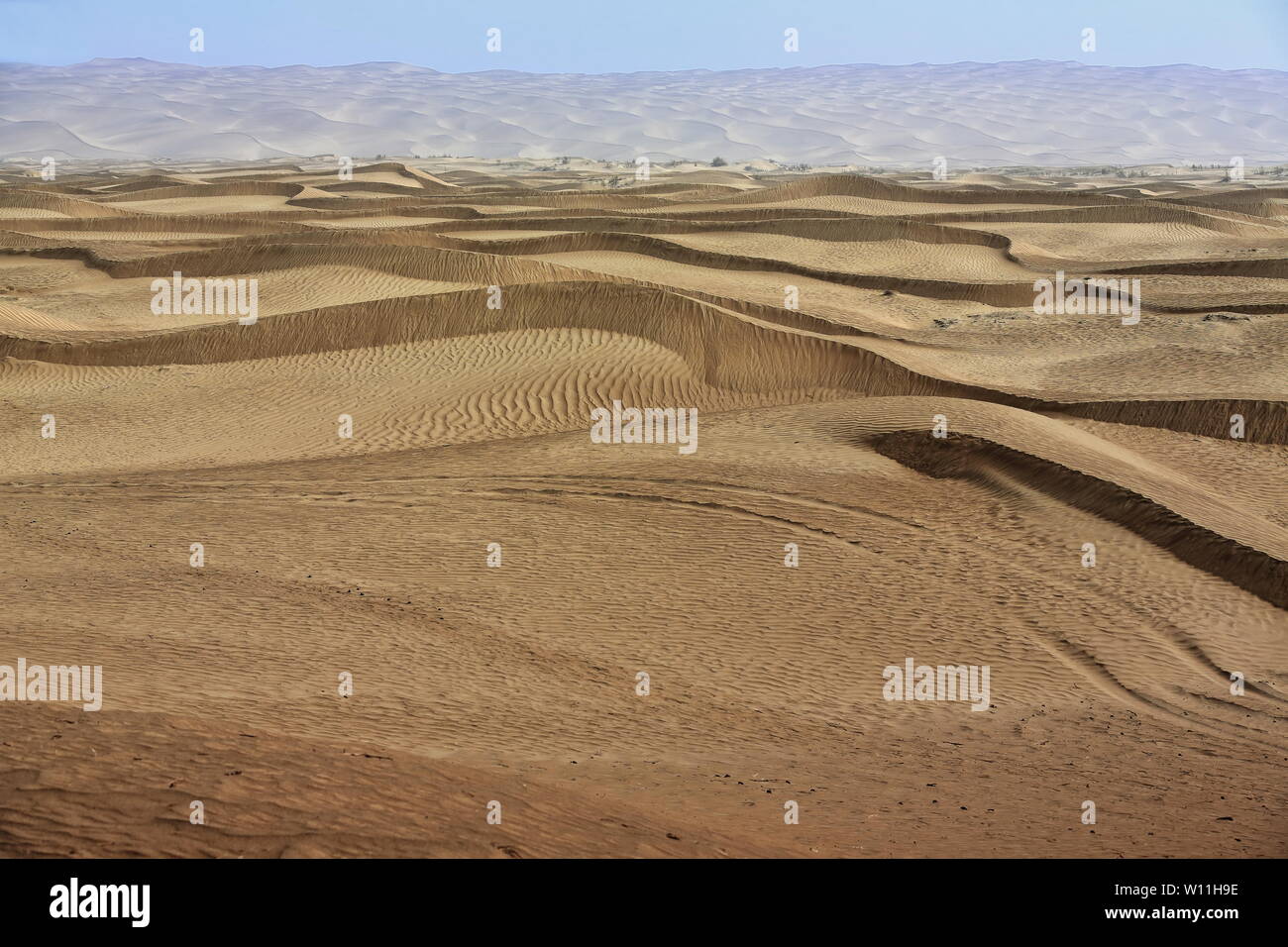 Spostamento dune di sabbia-deserto Takla Makan. Regione di Yutian Keriya-Xinjiang Uyghur-Cina-0220 Foto Stock