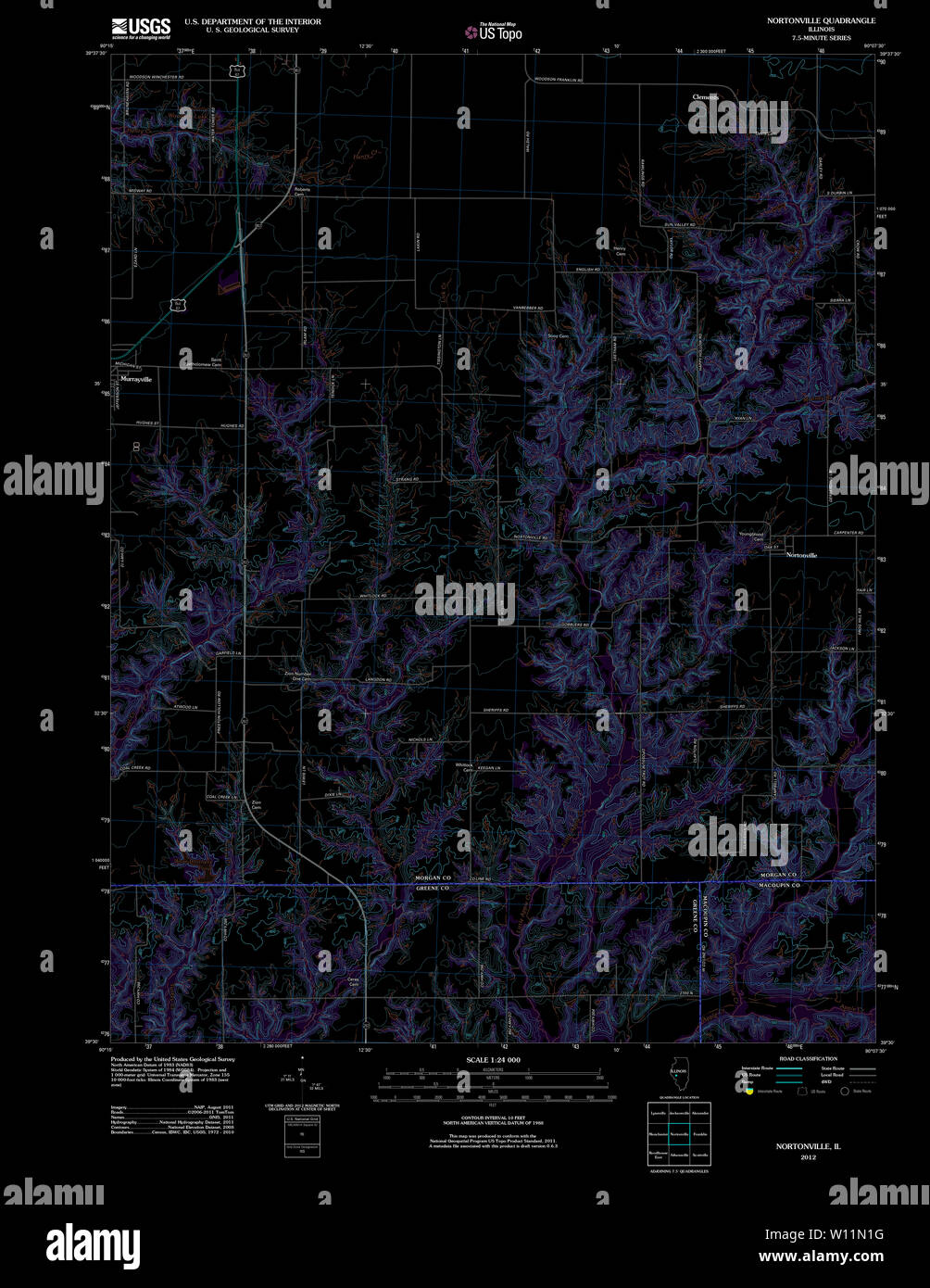 USGS TOPO Map Illinois il Nortonville 20120806 TM restauro invertito Foto Stock