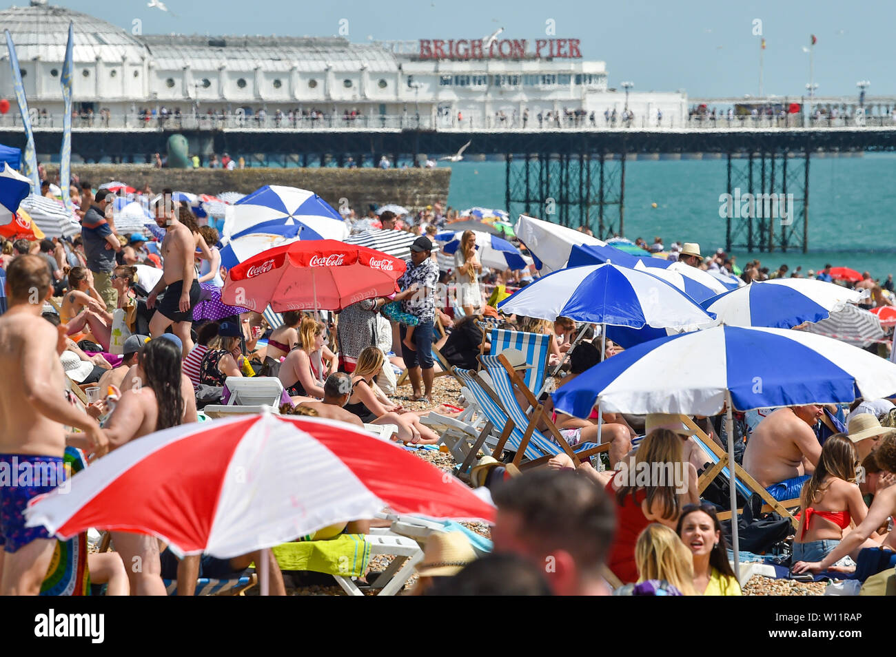 Brighton Regno Unito 29 Giugno 2019 - la spiaggia di Brighton è imballato come la Gran Bretagna swelters nell'ondata di caldo sole con alcune zone del sud-est previsioni per raggiungere oltre 30 gradi . Credito : Simon Dack / Alamy Live News Foto Stock