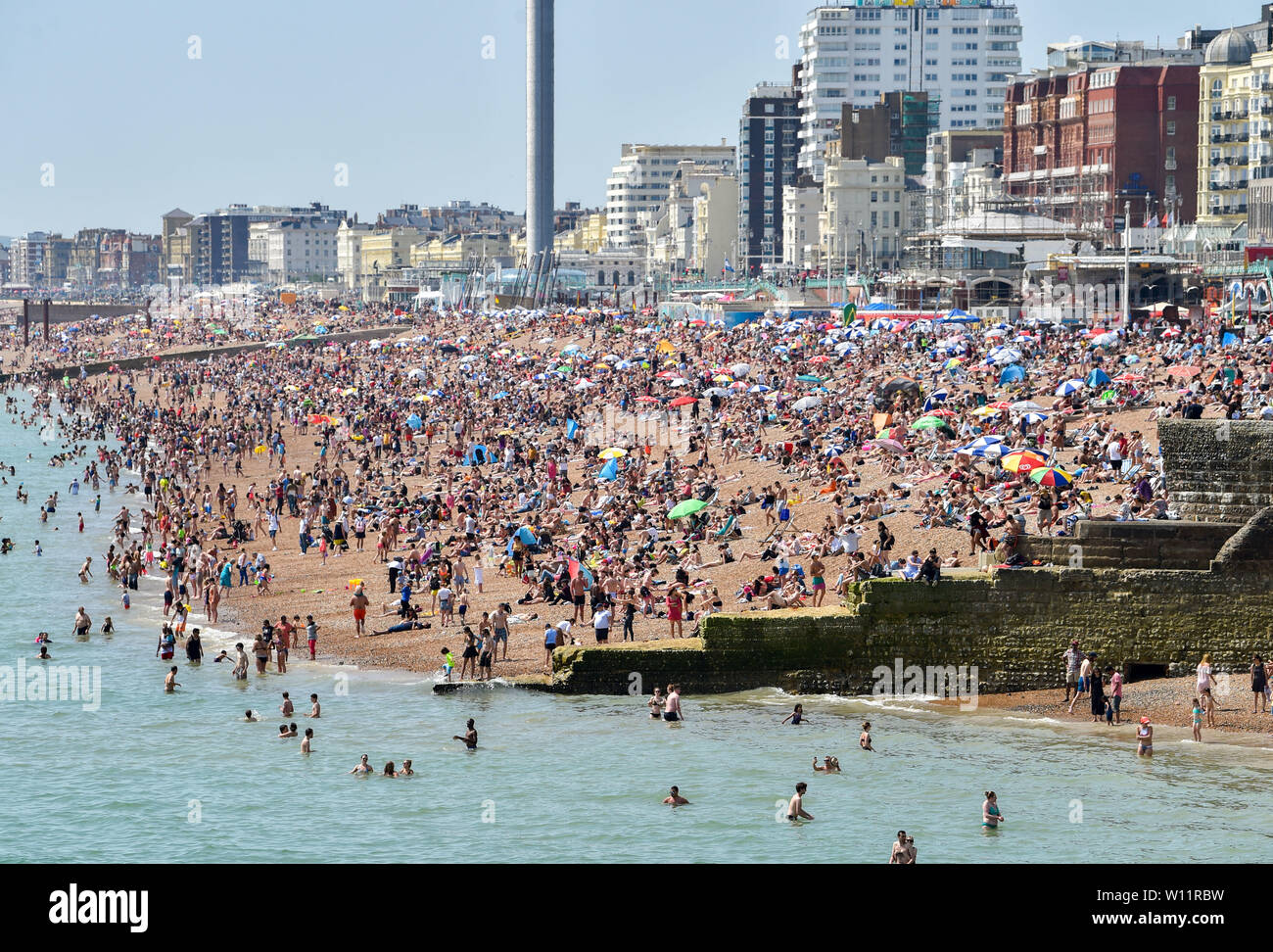 Brighton Regno Unito 29 Giugno 2019 - la spiaggia di Brighton è imballato come la Gran Bretagna swelters nell'ondata di caldo sole con alcune zone del sud-est previsioni per raggiungere oltre 30 gradi . Credito : Simon Dack / Alamy Live News Foto Stock