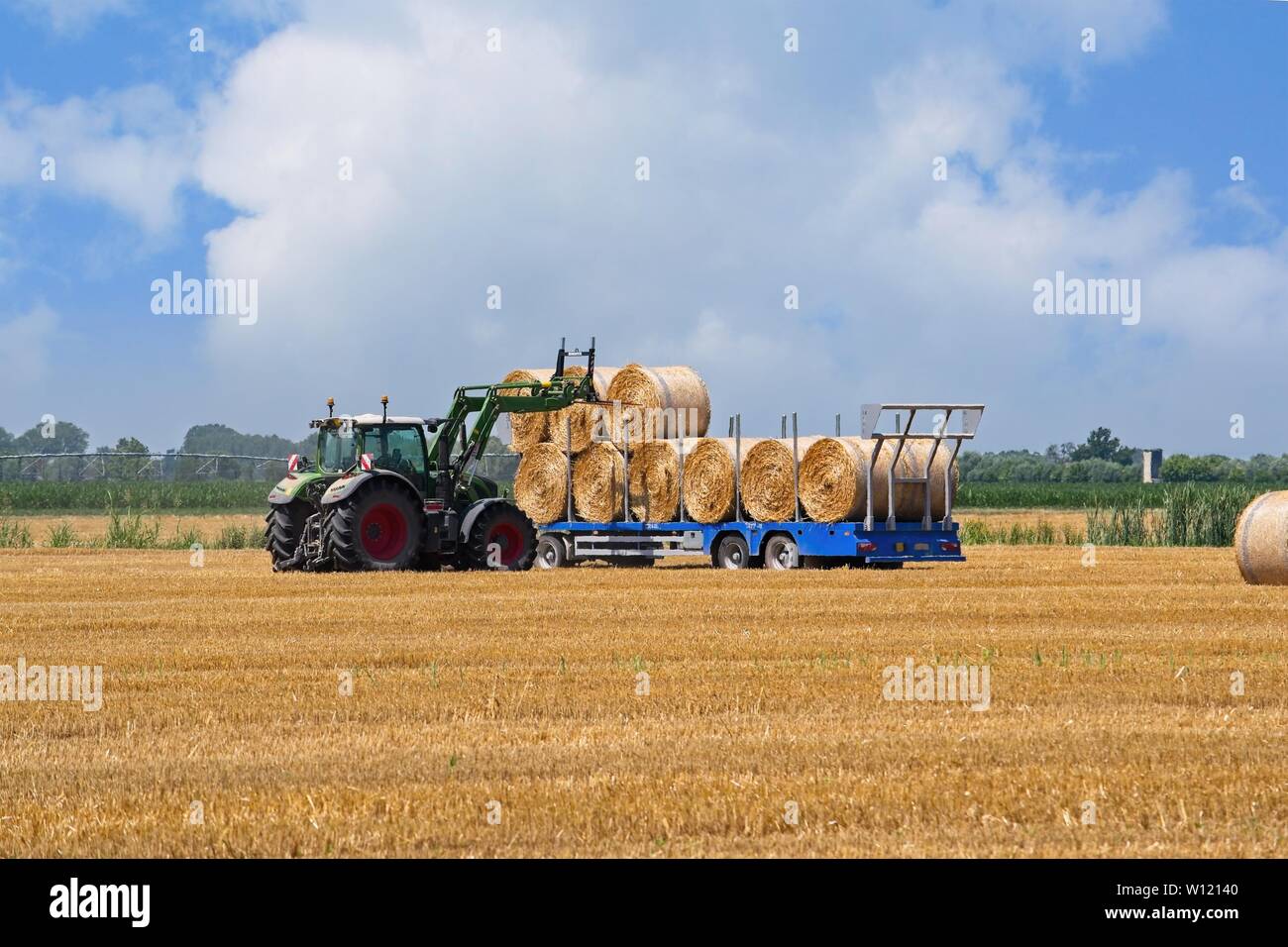 Scena agricola, carichi del trattore le balle di fieno sul rimorchio. Foto Stock
