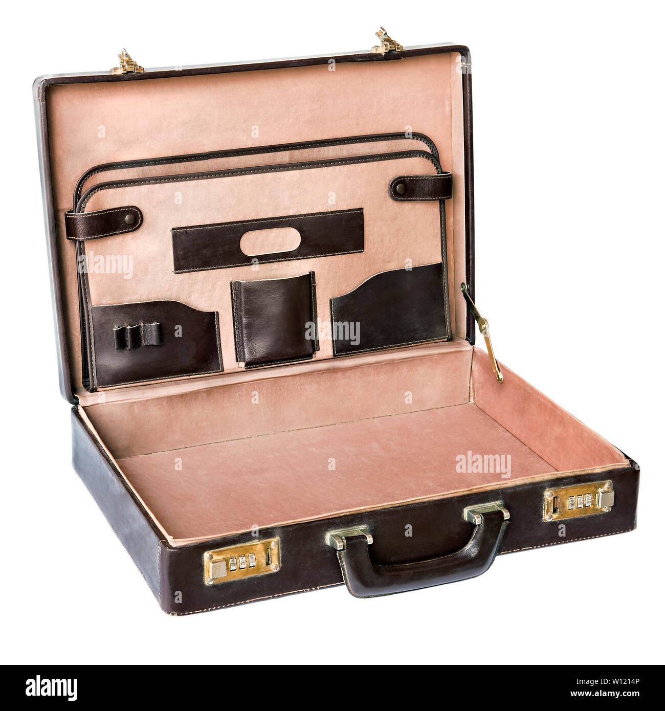 Aprire vecchia valigia vinilpelle isolati su sfondo bianco Foto Stock