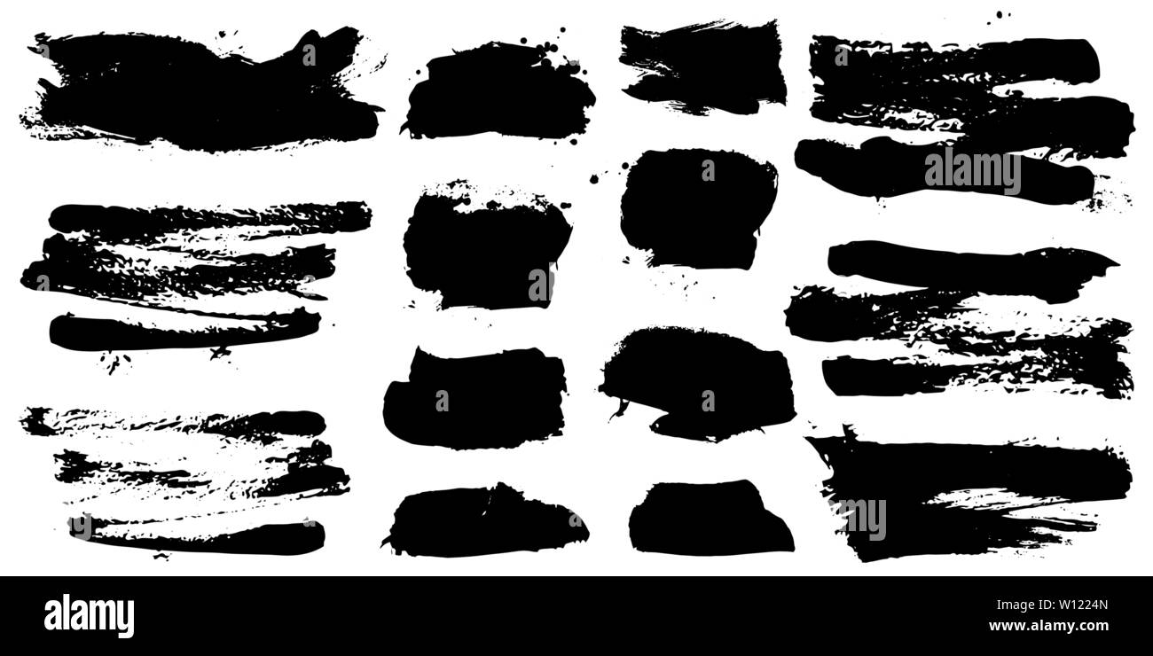 Set di inchiostro nero disegnato a mano Collezione spazzole isolati su sfondo bianco per il vostro design. Artistico sporco pennellate elemento. Etichette nere, backg Illustrazione Vettoriale