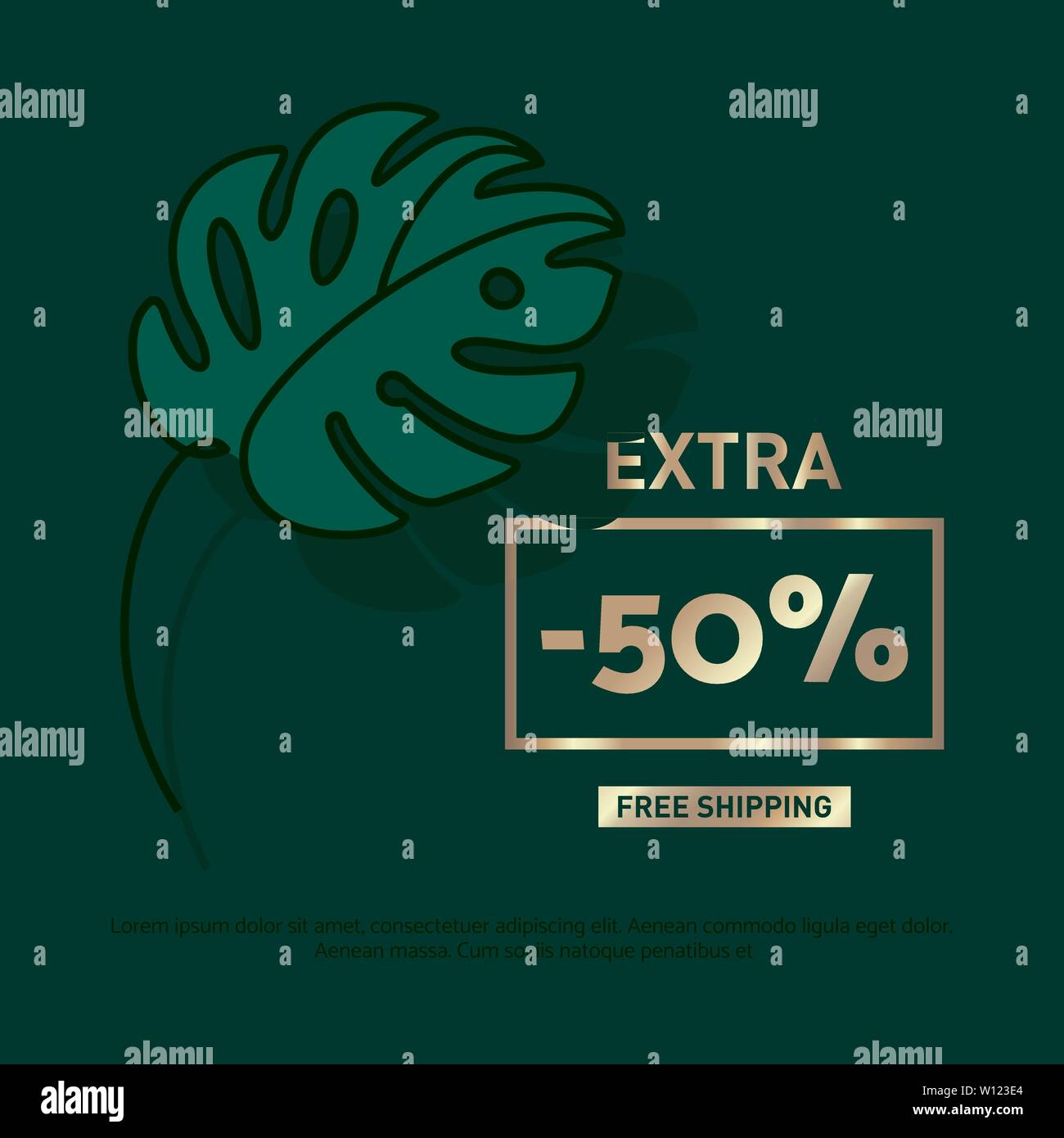 Vendita banner con verde tropicale foglia di monstera sullo sfondo verde scuro. Cornice dorata con moderni Tipografia Extra 50. Vettore di astratta Offerta speciale segno. Illustrazione Vettoriale