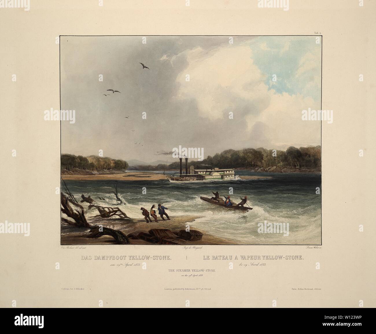 Il sistema di cottura a vapore Yellow-Stone il 19 aprile 1833 - Karl Bodmer acquatinta da viaggi all'interno del Nord America (Voyage dans l'intérieur) Foto Stock