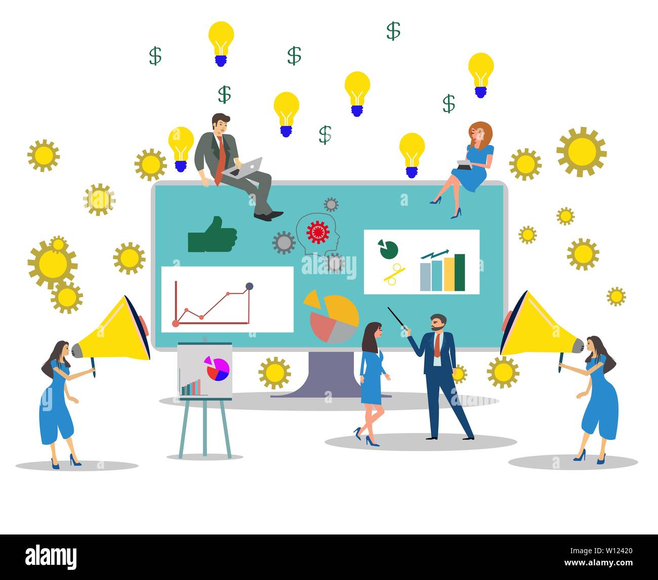 Vettore di uomini di affari che costruire un business di successo progetto online il reclutamento di nuovi dipendenti. Illustrazione Vettoriale