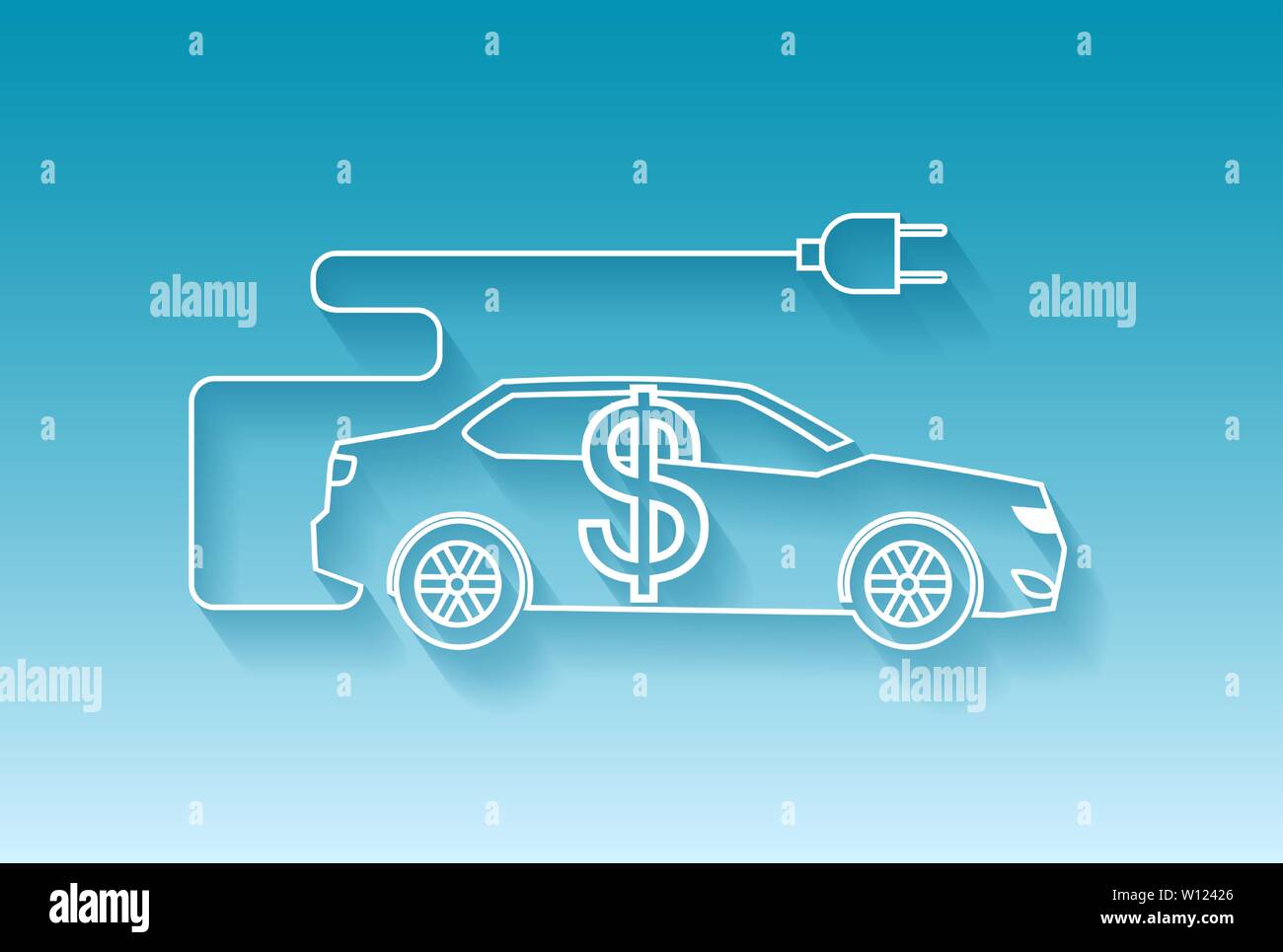 Vettore di auto elettriche icona con il simbolo del dollaro sulla bacground blu Illustrazione Vettoriale