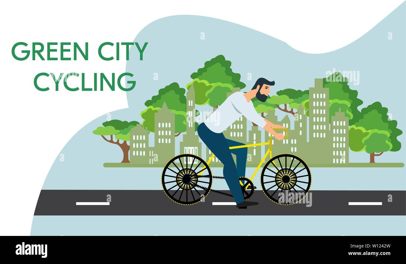 Vettore di un hipster uomo in bicicletta in città verde Illustrazione Vettoriale