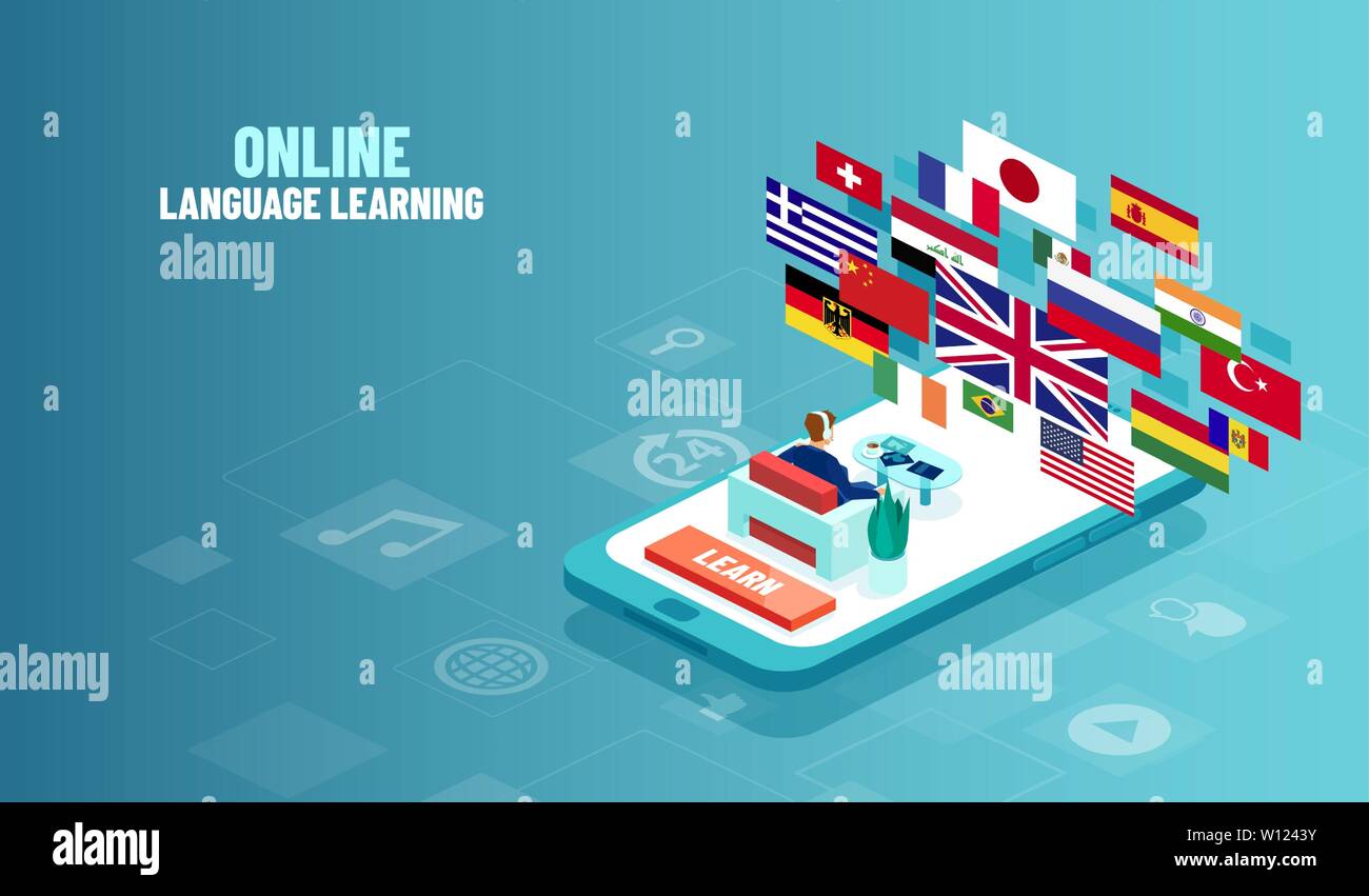 Concetto di vettore di lingua straniera di studio online. Illustrazione di un uomo seduto su uno smartphone utilizzando l apprendimento delle lingue straniere app Illustrazione Vettoriale
